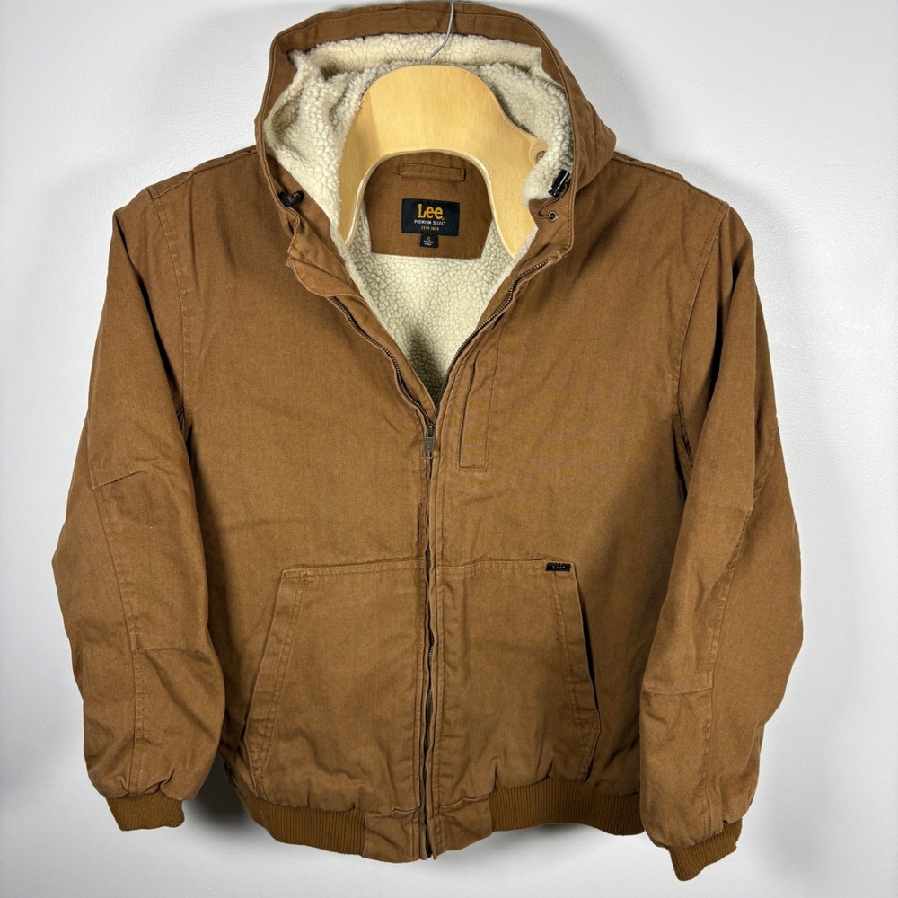 Lee Premium Select Mens XL Brown Sherpa Lined Canvas Hooded Work Jacket Coat